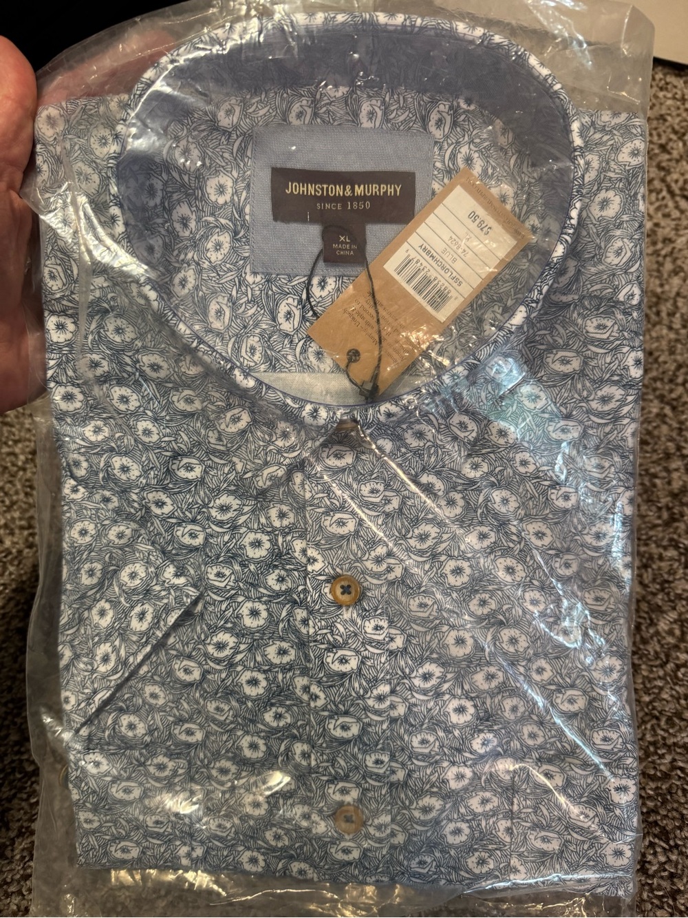 Johnston & Murphy Navy and White Floral Casual Button-Down short sleeve Shirt